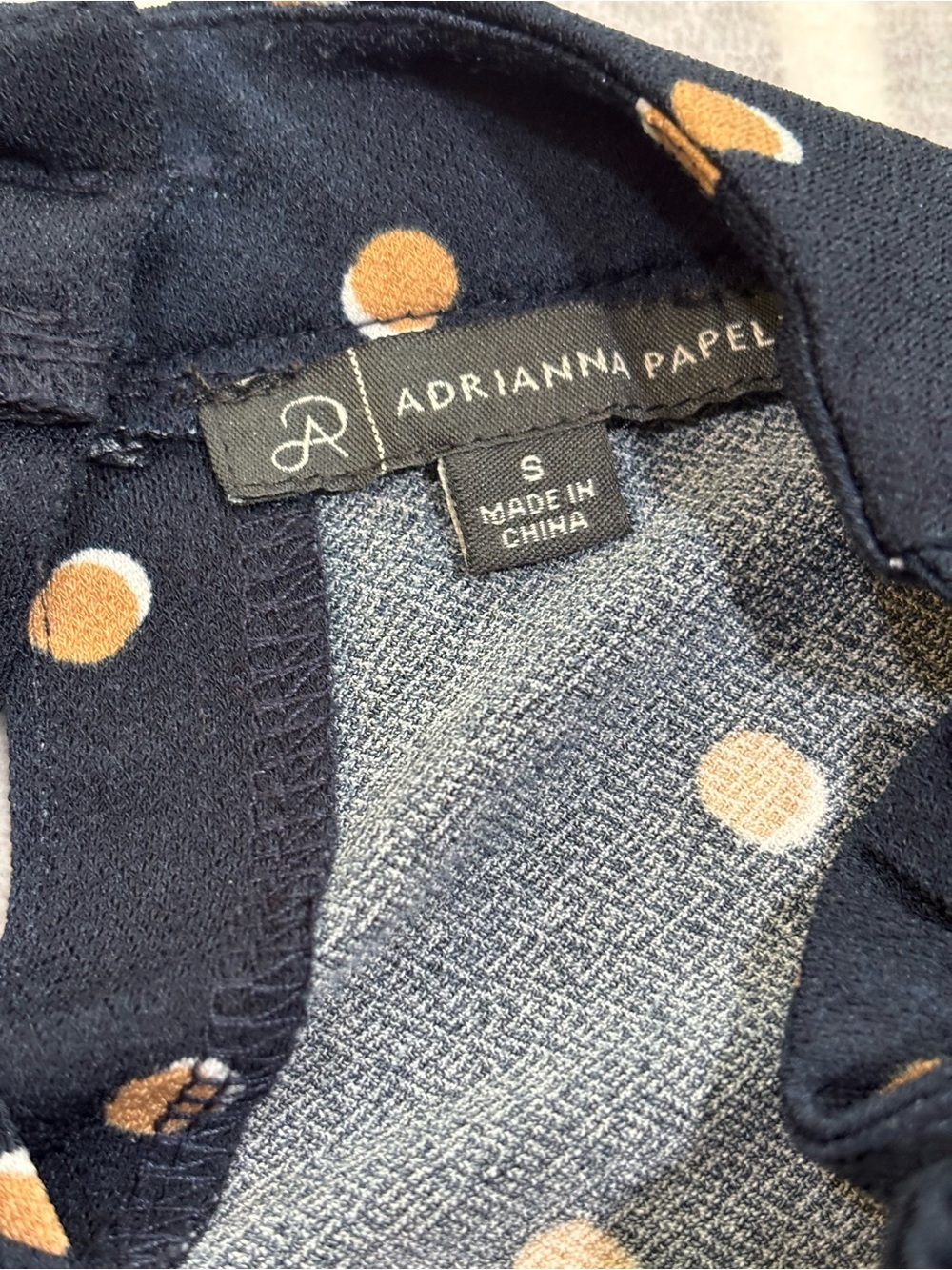 Adrianna Papell Top, Navy Blue Blouse Polka Dots, Small, Puff Sleeves, Smocked - Picture 3 of 9